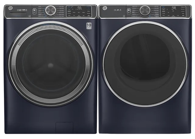 Front view of GE GFW850SPNRS washer and GFD85ESPNRS dryer pair 