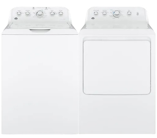 Front view of GE GTW465ASNWW washer and GTD42EASJWW  dryer pair