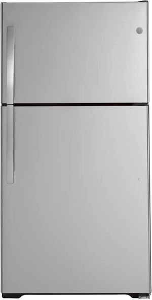 Front view of GE GIE22JSNRSS top freezer refrigerator 