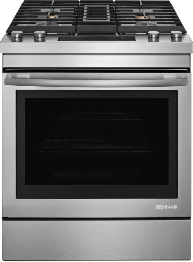 Front view of JennAir JDS1750FS 30-inch dual fuel range 