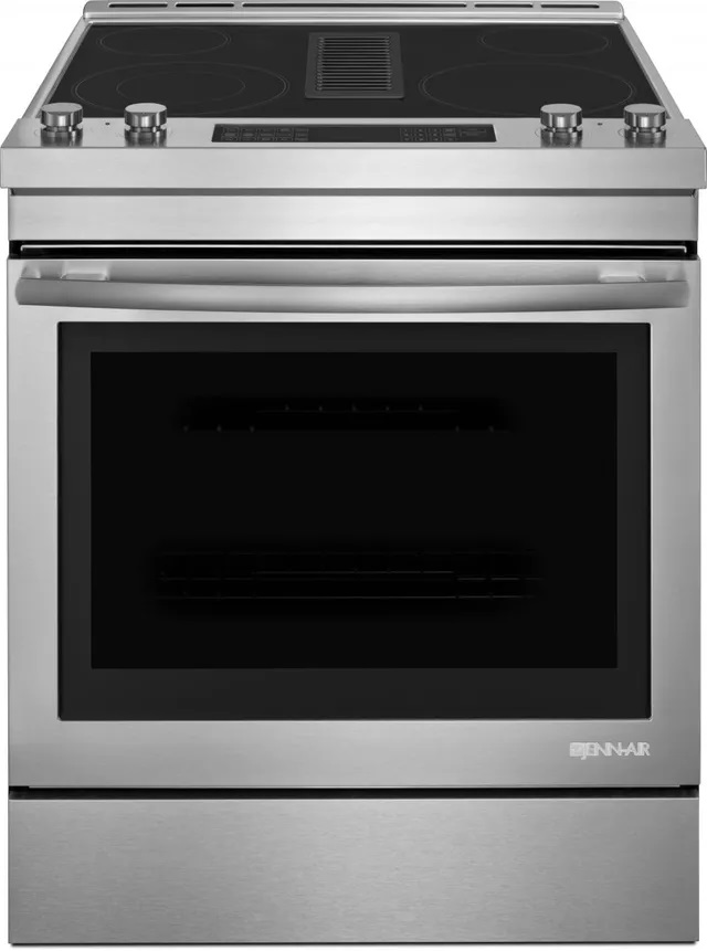 Front view of JennAir JES1750FS 30-inch electric range with downdraft 