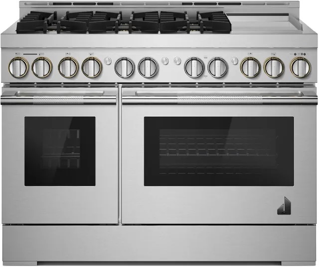Front view of JennAir NOIR JDSP548HM 48-inch dual fuel range 