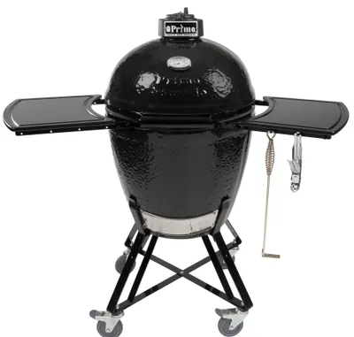 Front view of the Primo Grills all-in-one kamado grill with accessories 