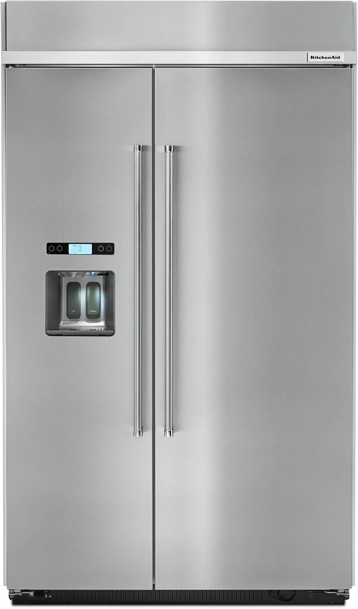 Front view of KitchenAid KBSD618ESS built-in side-by-side refrigerator