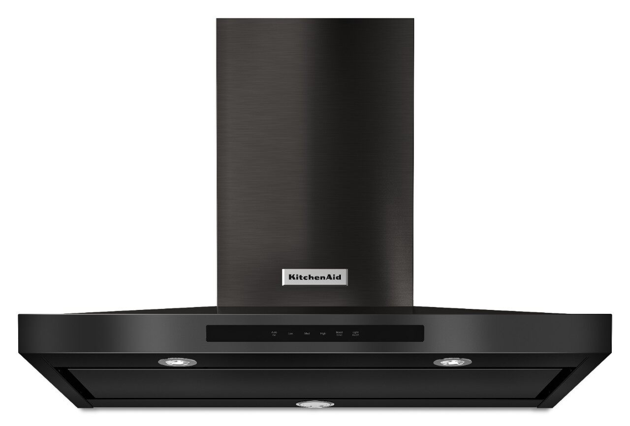 Front view of KitchenAid KVWB606HBS wall mounted range hood in black finish 