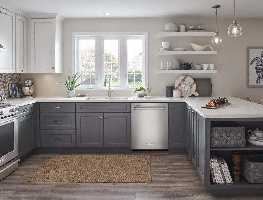 Stainless steel KitchenAid dishwasher in a transitional style kitchen