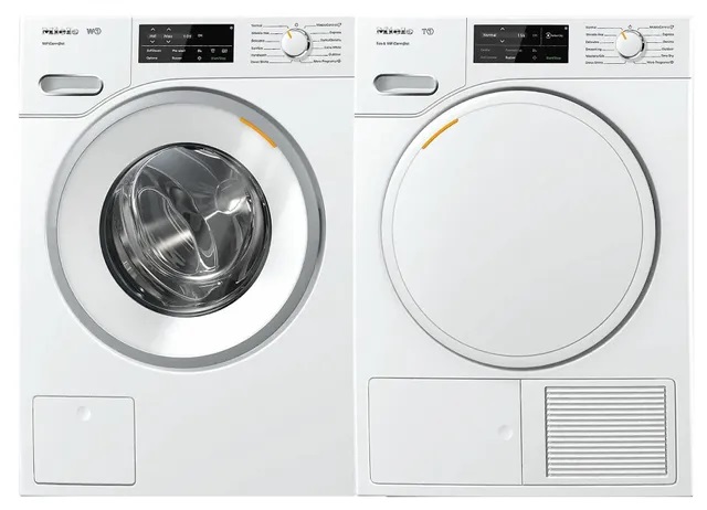 Front view of Miele WWH660 front load washer and TWF160 dryer pair 