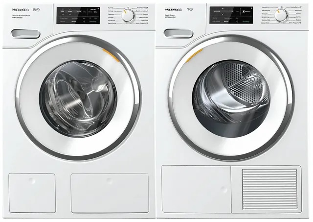 Front view of Miele MILAUTWI180 washer and dryer pair 