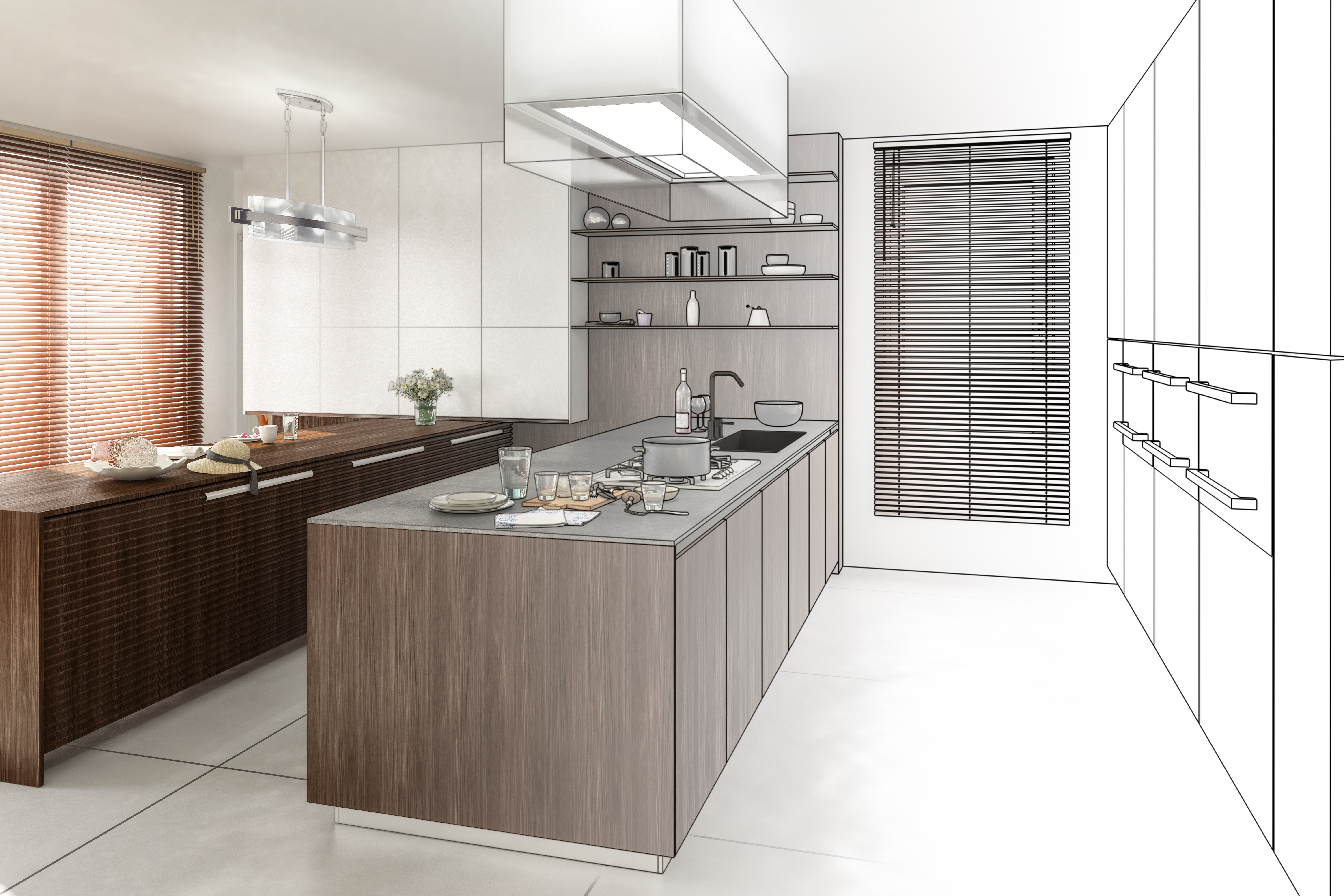A 3D graphic blueprint of a modern kitchen 