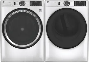 Front view of the GE front load washer and dryer pair 