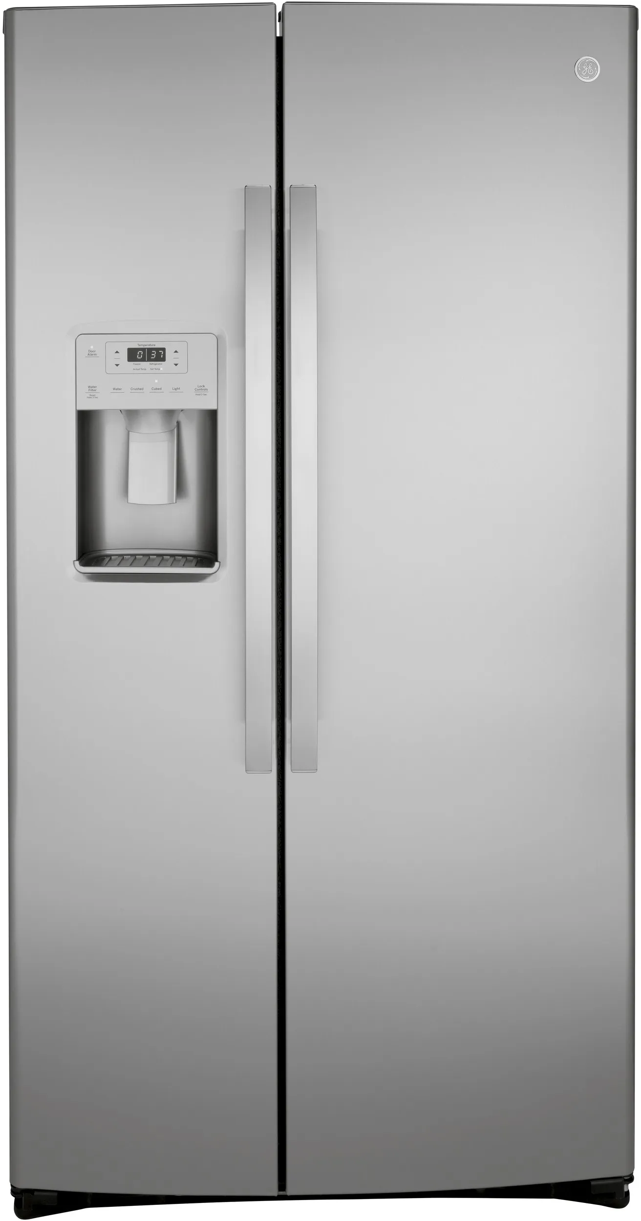 Front view of the GE GZS22IYNFS side by side refrigerator 