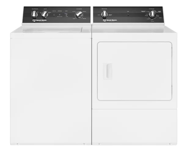 Front view of Speed Queen SPQUDR3000WE washer dryer pair 