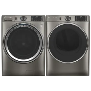 Front view of a GE stackable washer and dryer in a Satin Nickel Finish 