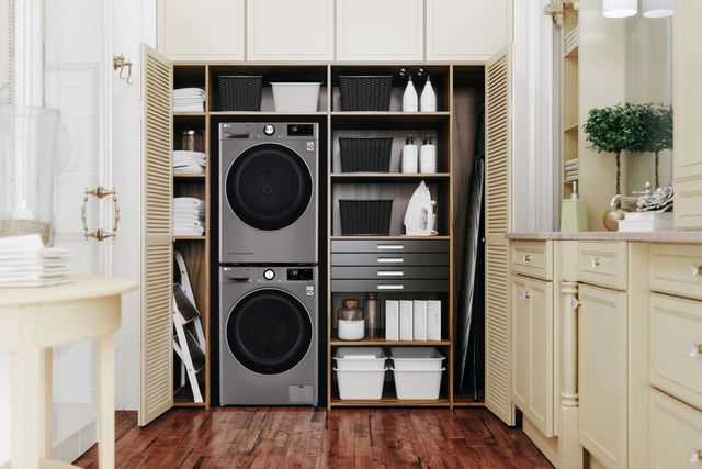 Front view of a LG stackable washer and dryer pair in a closet 