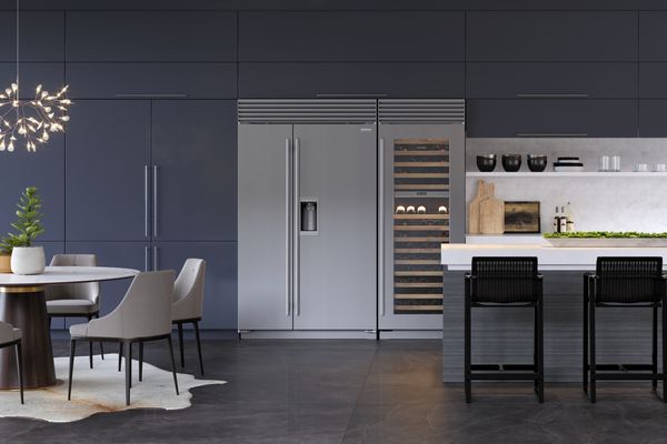 The Sub-Zero CL4850SD side by side refrigerator and CL3050W wine cooler featured in a high-end kitchen