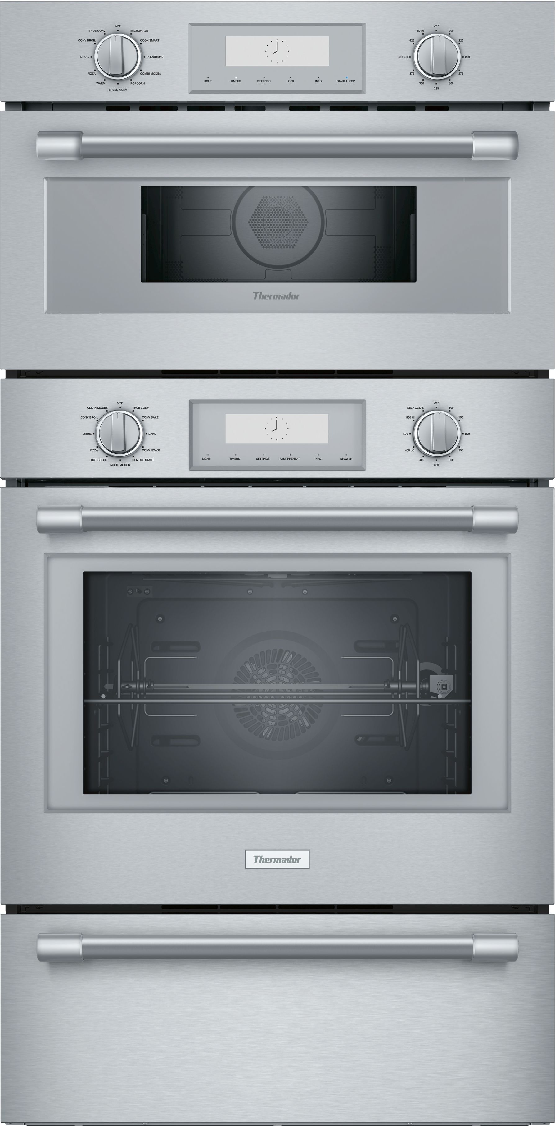 Front view of Thermador PODMCW31W triple wall oven combination 