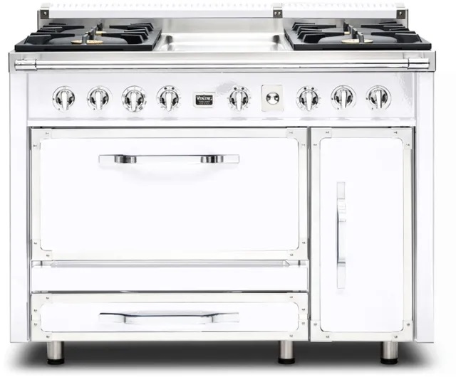 Front view of Viking Tuscany TVDR4814GWH 48-inch dual fuel range 