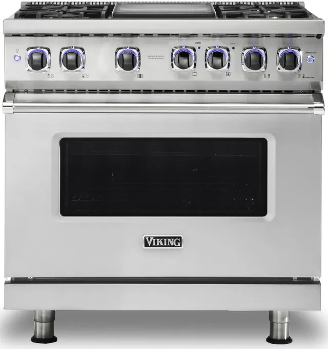 Front view of Viking VDR73624GSSLP 36-inch dual fuel range 