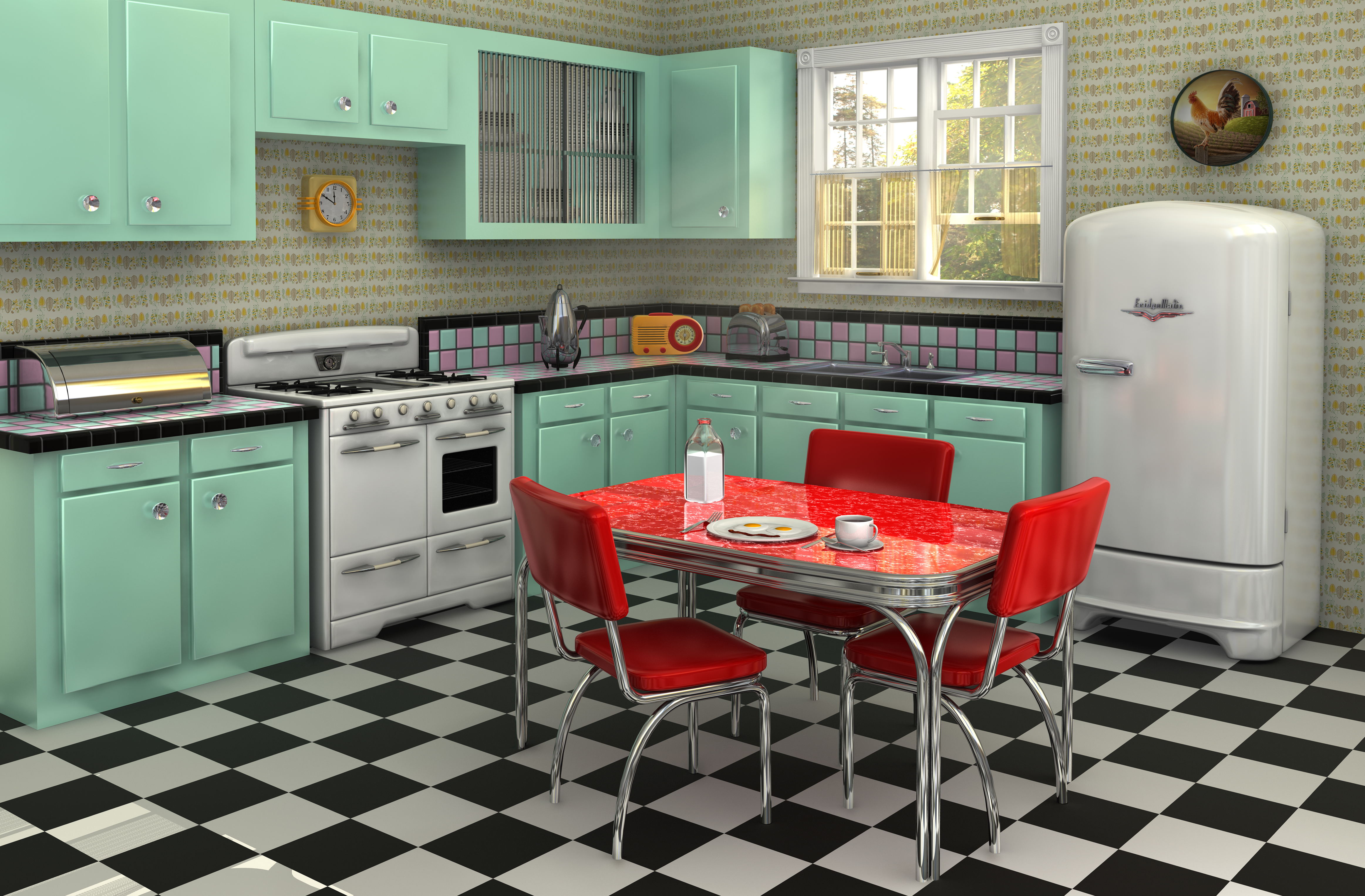 A vintage kitchen with green cabinets, a red table set, and checkered floors