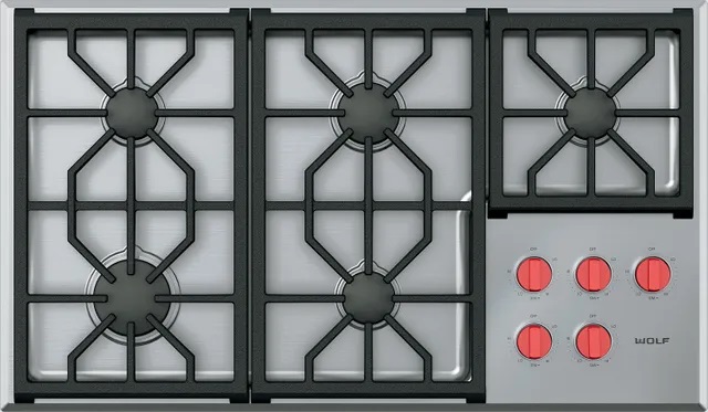 Overhead of Wolf CG365P/S 36-inch gas cooktop 