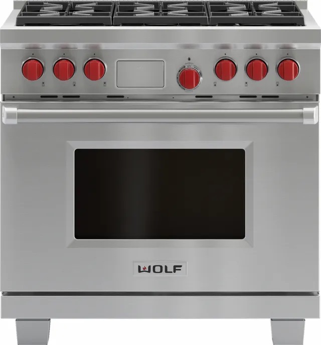 Front view of Wolf DF366 dual fuel range 
