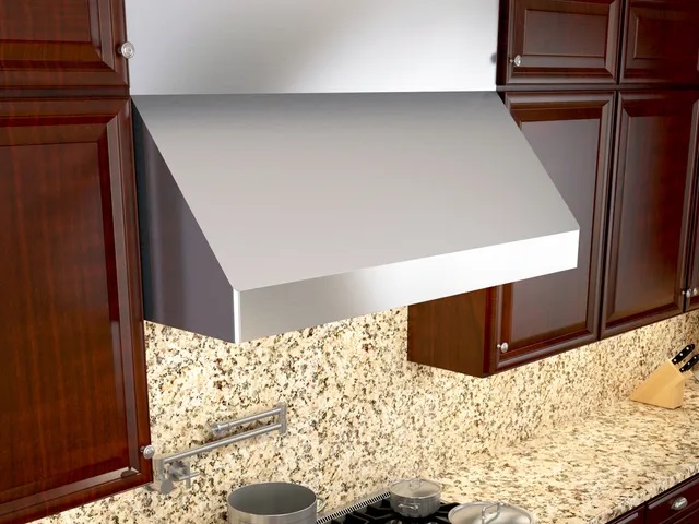 Zephyr AK7500BS canopy range hood installed into cherry wood cabinetry with granite countertop 