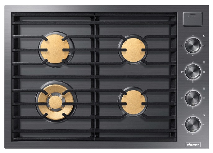 Overhead shot of Dacor DTG30M954FS 30-inch gas cooktop 