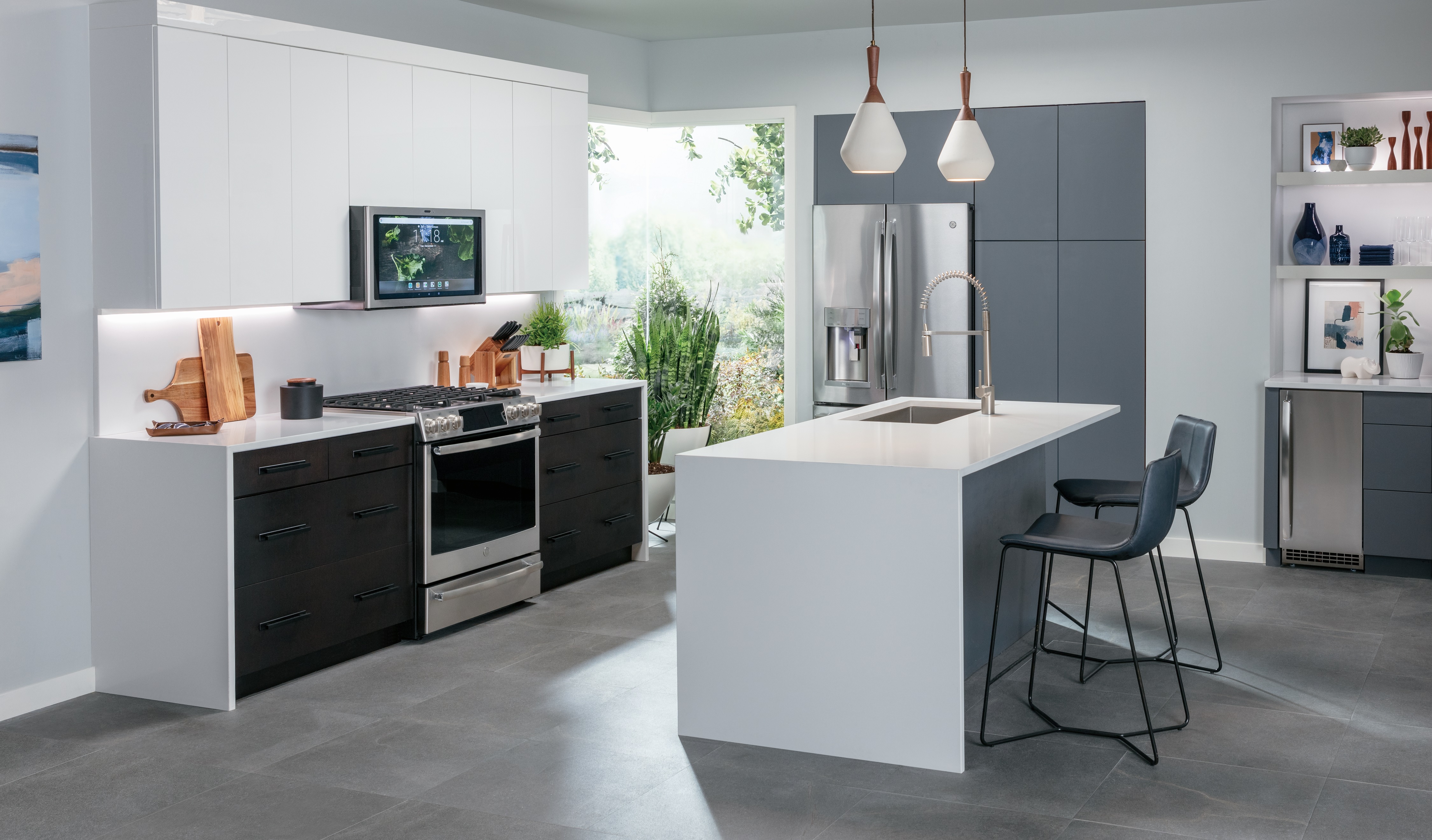 stylish kitchen with sleek stainless steel GE Profile appliance package