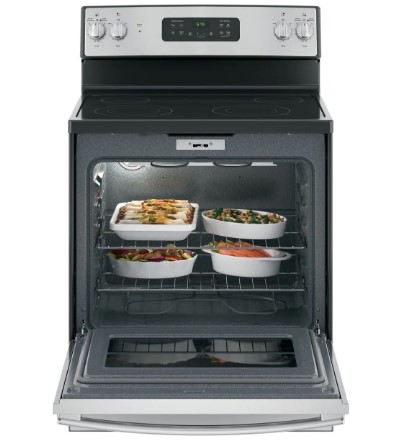 GE electric range under 1000 with open oven door