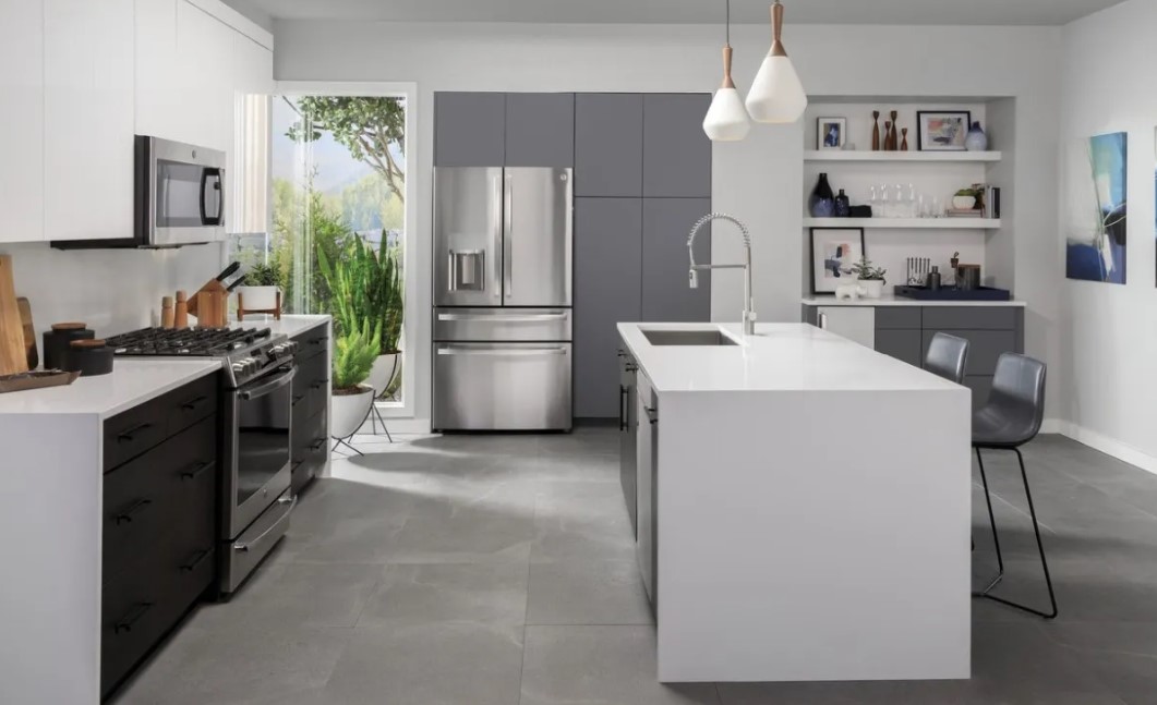GE Profile stainless steel kitchen package installed in bright modern kitchen