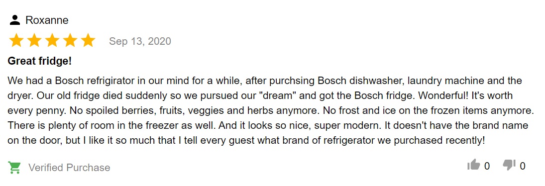Product review of Bosch French door fridge B36CL80ENS: “No spoiled berries, fruits, veggies or herbs anymore”