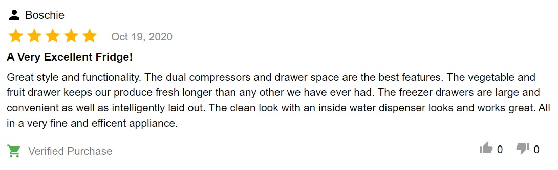 Product review of Bosch French door fridge B36CL80ENS: “...keeps our produce longer than any other”
