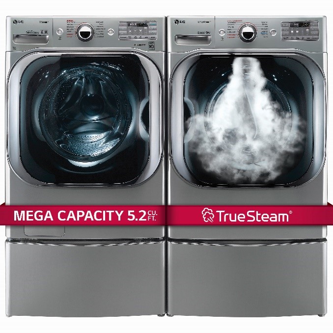 LG product image of TrueSteam technology and mega capacity on WM8100HVA/DLEX8100V washer and dryer laundry pair