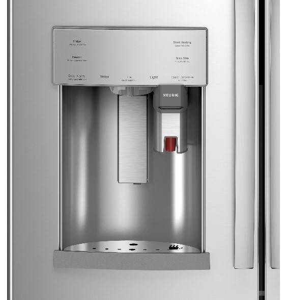 GE Profile image of Keurig® K-Cup® hot water dispenser brewing system on the PYE22PYNFS stainless steel French door refrigerator