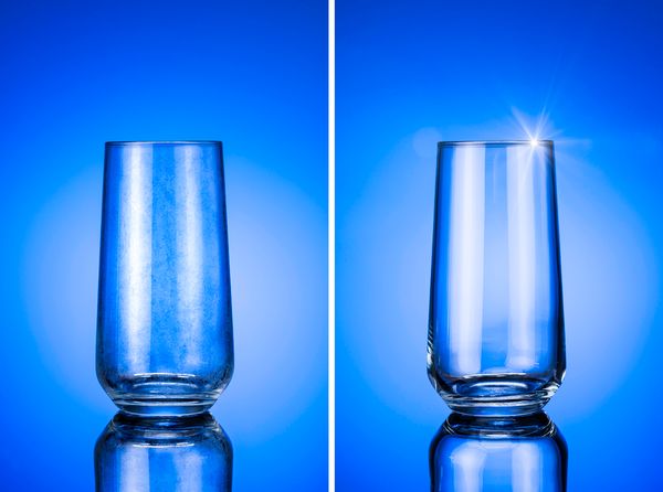 side by side image depicting hard water stains on glass and clean glass
