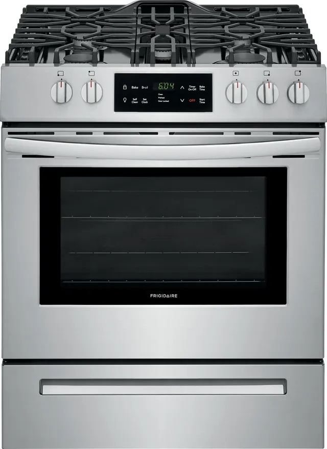 Stock photo of a stainless steel Frigidaire gas range. 