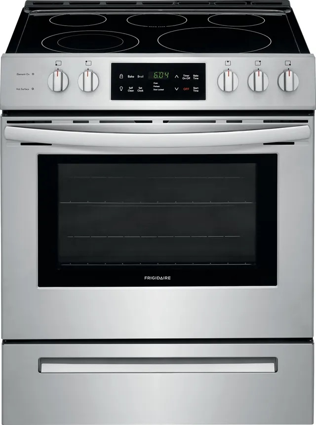 Stock photo of a stainless steel Frigidaire electric range. 