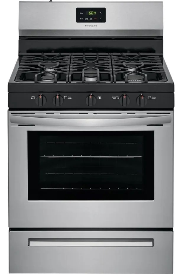 Stock photo of a stainless steel Frigidaire gas range with back display. 