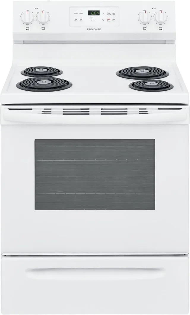 Stock photo of a white Frigidaire electric range. 
