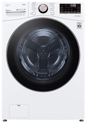 Stock photo of a white LG front load washer. 
