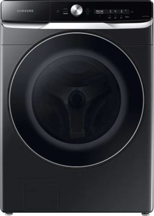 Stock photo of a black Samsung front load washer.