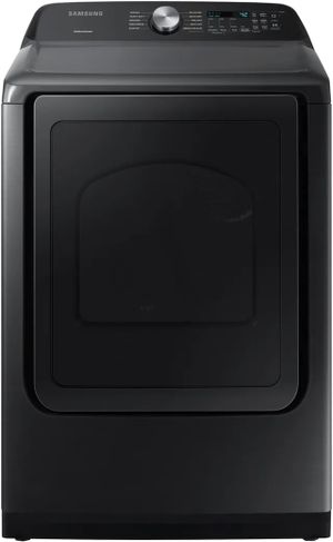 Stock photo of a black Samsung front load electric dryer.