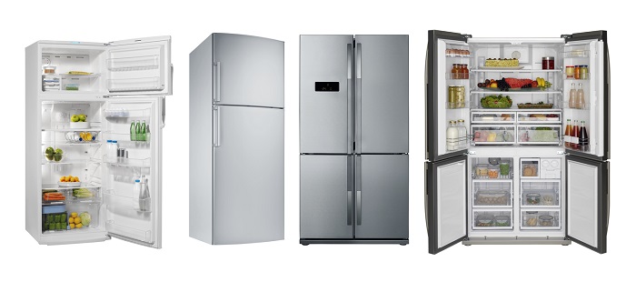 Stock photo of an open top freezer refrigerator, closed top freezer refrigerator, a closed French door refrigerator, and an open French door refrigerator. 