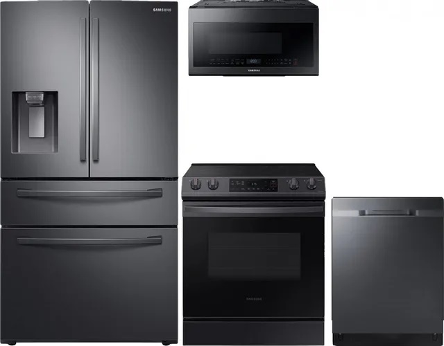 Stock photo of a black stainless steel Samsung appliance package including a French door refrigerator, an electric range, over the range microwave, and a built in dishwasher.