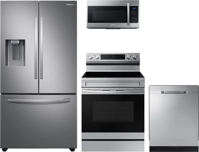 Stock photo of a stainless steel LG appliance package including a French door refrigerator, an electric range, over the range microwave, and a built in dishwasher.