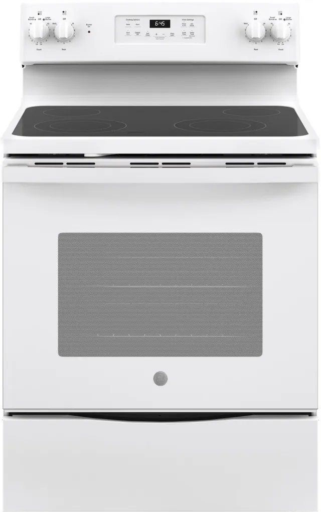 Front view of the GE JB645DKWW electric range 