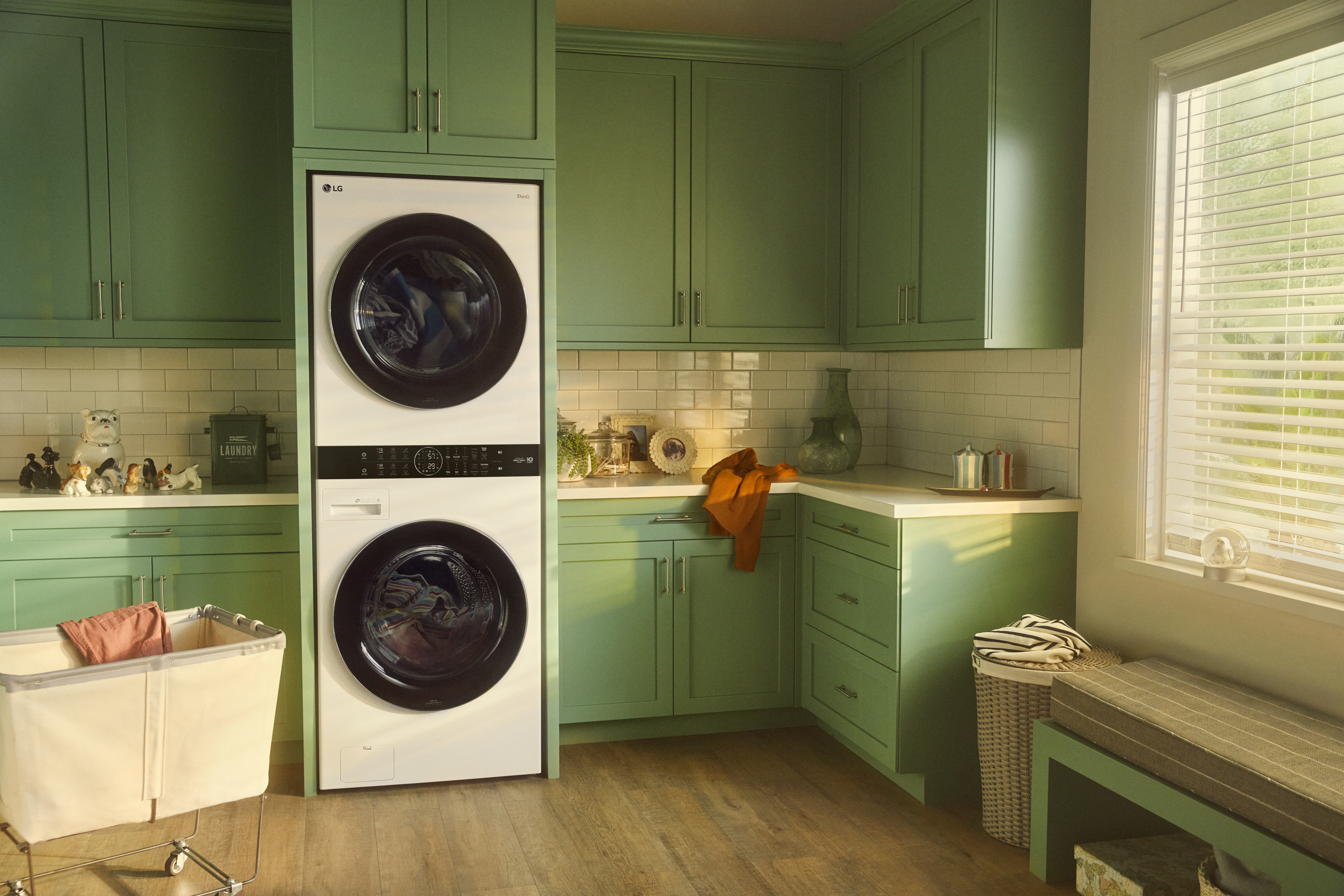 LG stacked laundry pair in modern laundry room