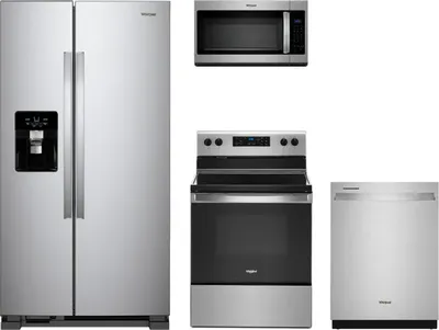 A Whirlpool appliance package featuring a refrigerator, range, dishwasher, and microwave 