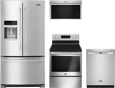 A Maytag appliance package featuring a refrigerator, range, dishwasher, and microwave 