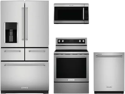 A KitchenAid appliance package featuring a refrigerator, range, dishwasher, and microwave 